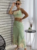 conjunto saia envelope verde bege