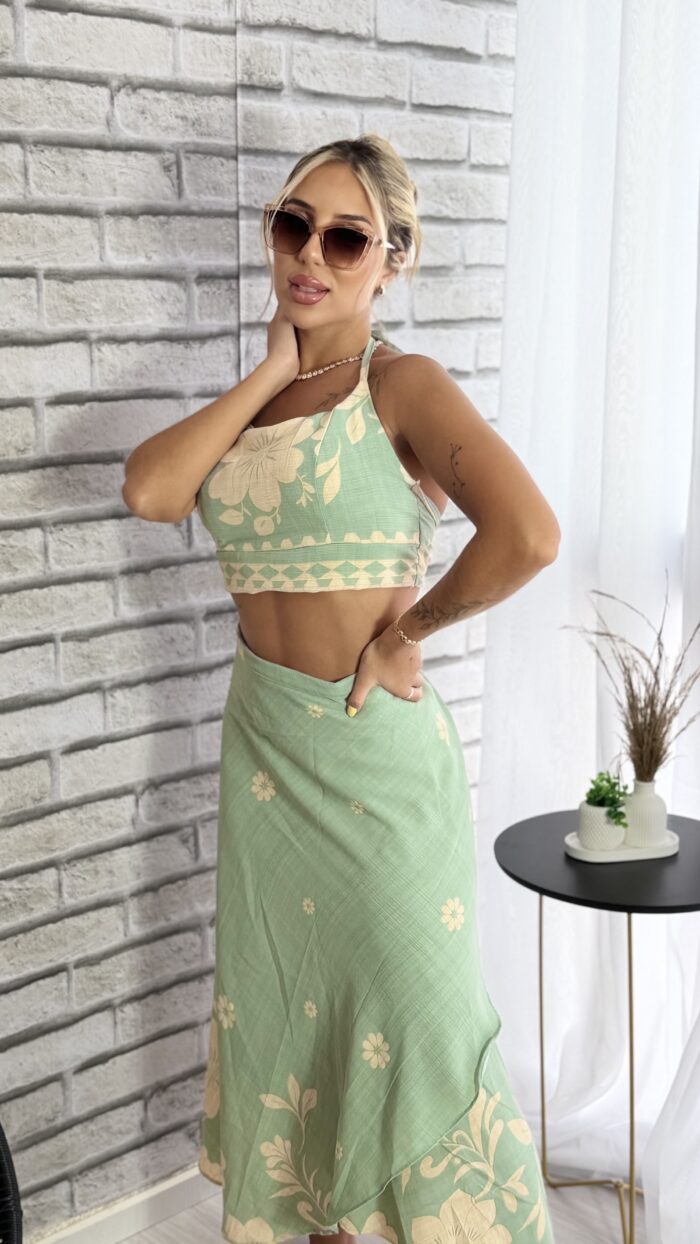 conjunto saia envelope verde bege