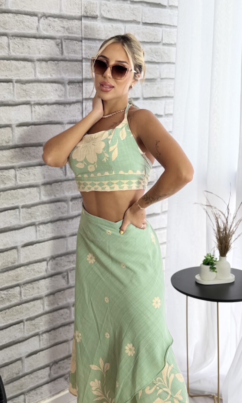 conjunto saia envelope verde bege