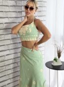 conjunto saia envelope verde bege