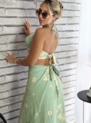 conjunto saia envelope verde bege