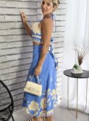 conjunto saia envelope estampado azul bege