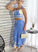 conjunto saia envelope estampado azul bege