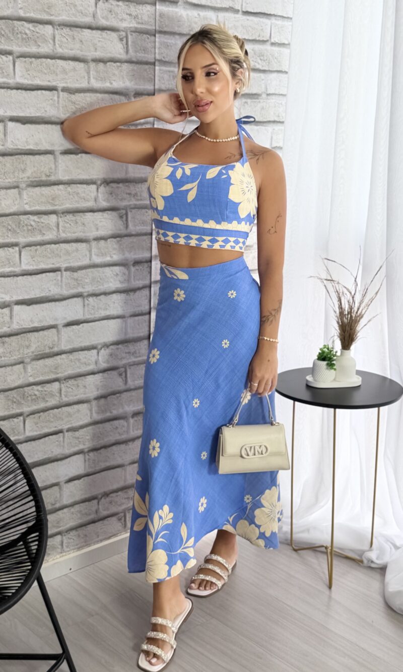 conjunto saia envelope estampado azul bege
