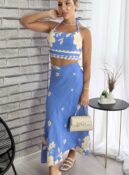 conjunto saia envelope estampado azul bege