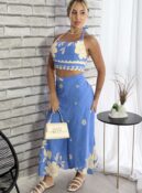 conjunto saia envelope estampado azul bege