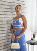 conjunto saia envelope estampado azul bege