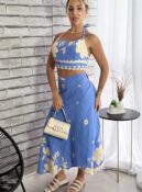 conjunto saia envelope estampado azul bege