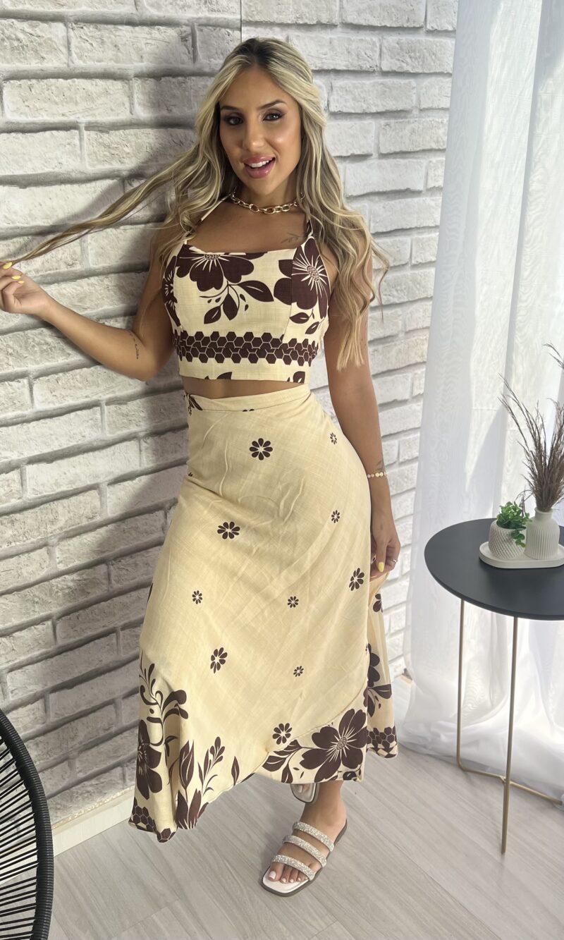 conjunto saia envelope bege marrom