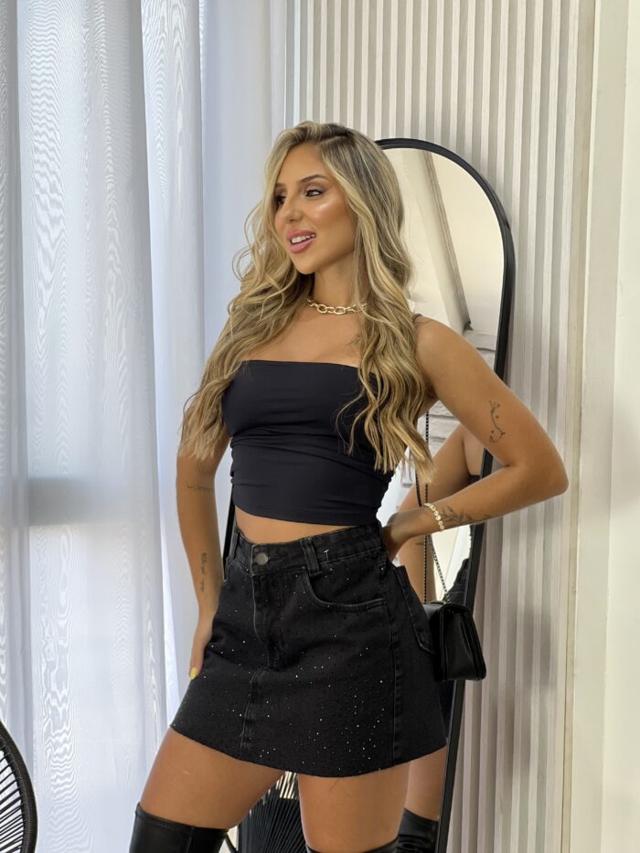 saia jeans brilho black saia jeans brilho black