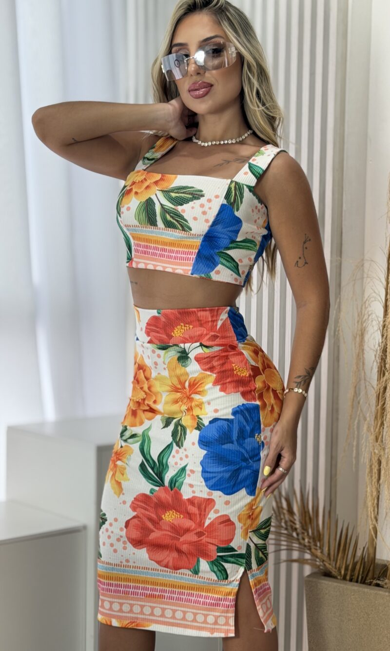conjunto canelado estampado fabi flor laranja