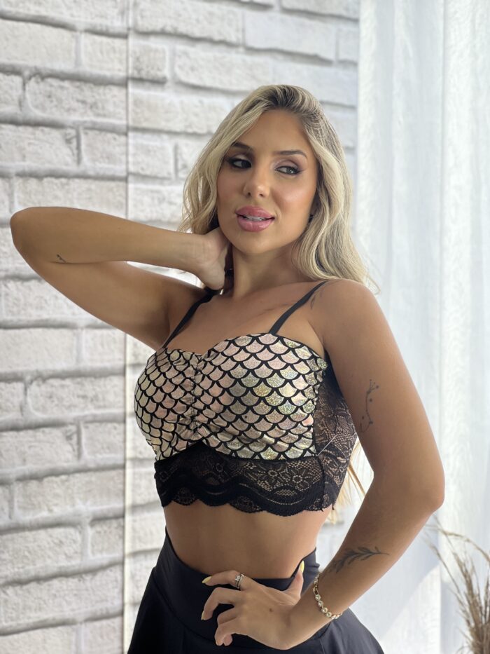 cropped sereia preto dourado