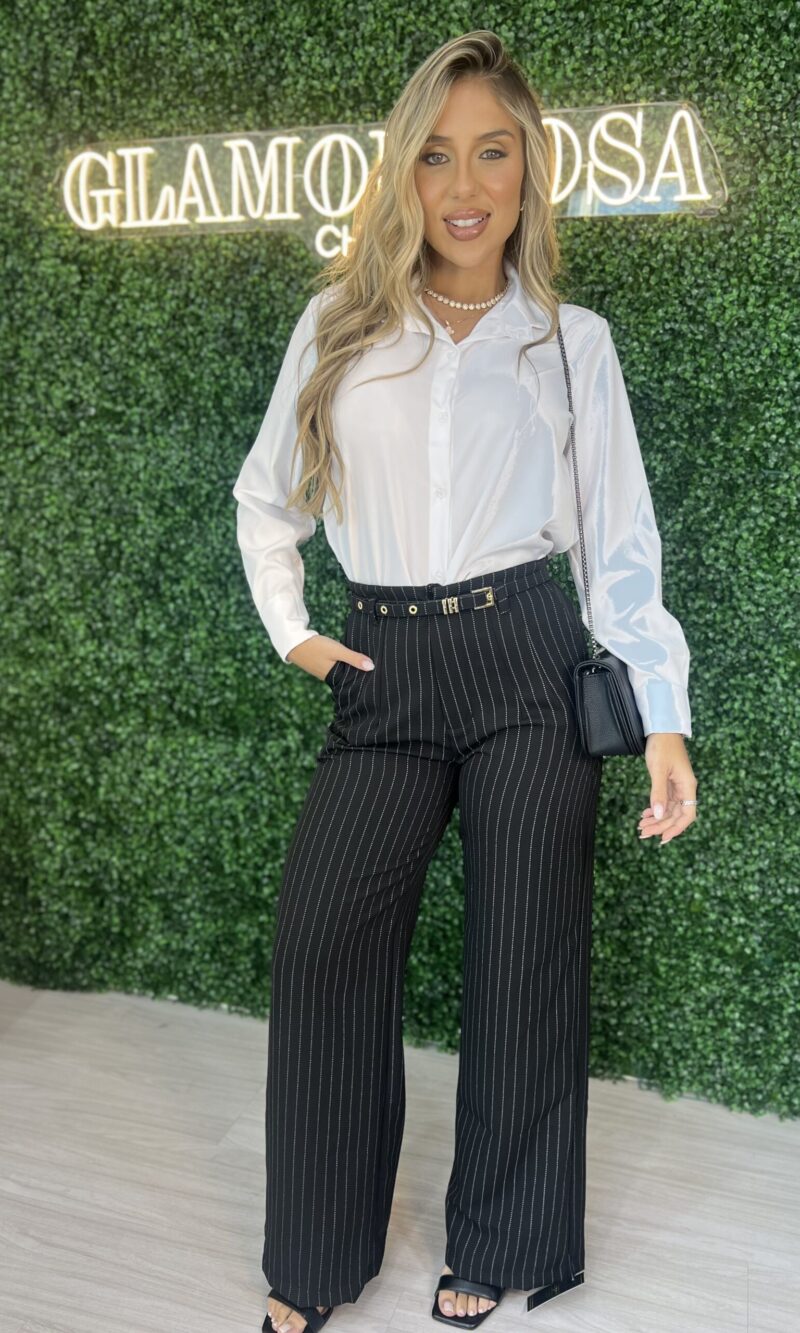 calca carla risca de giz preto com cinto