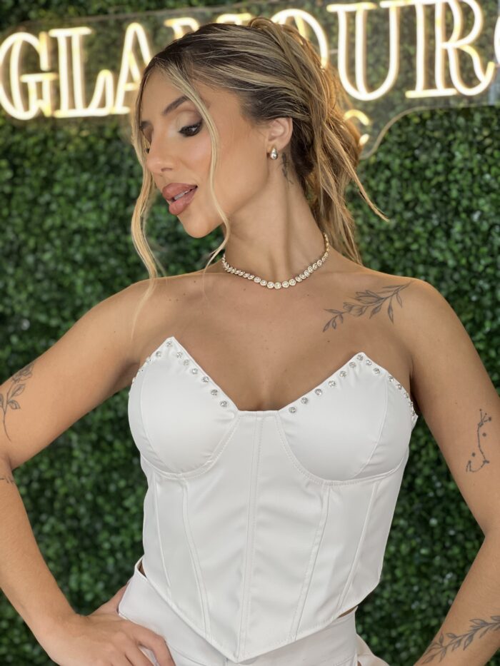 cropped corselet couro branco