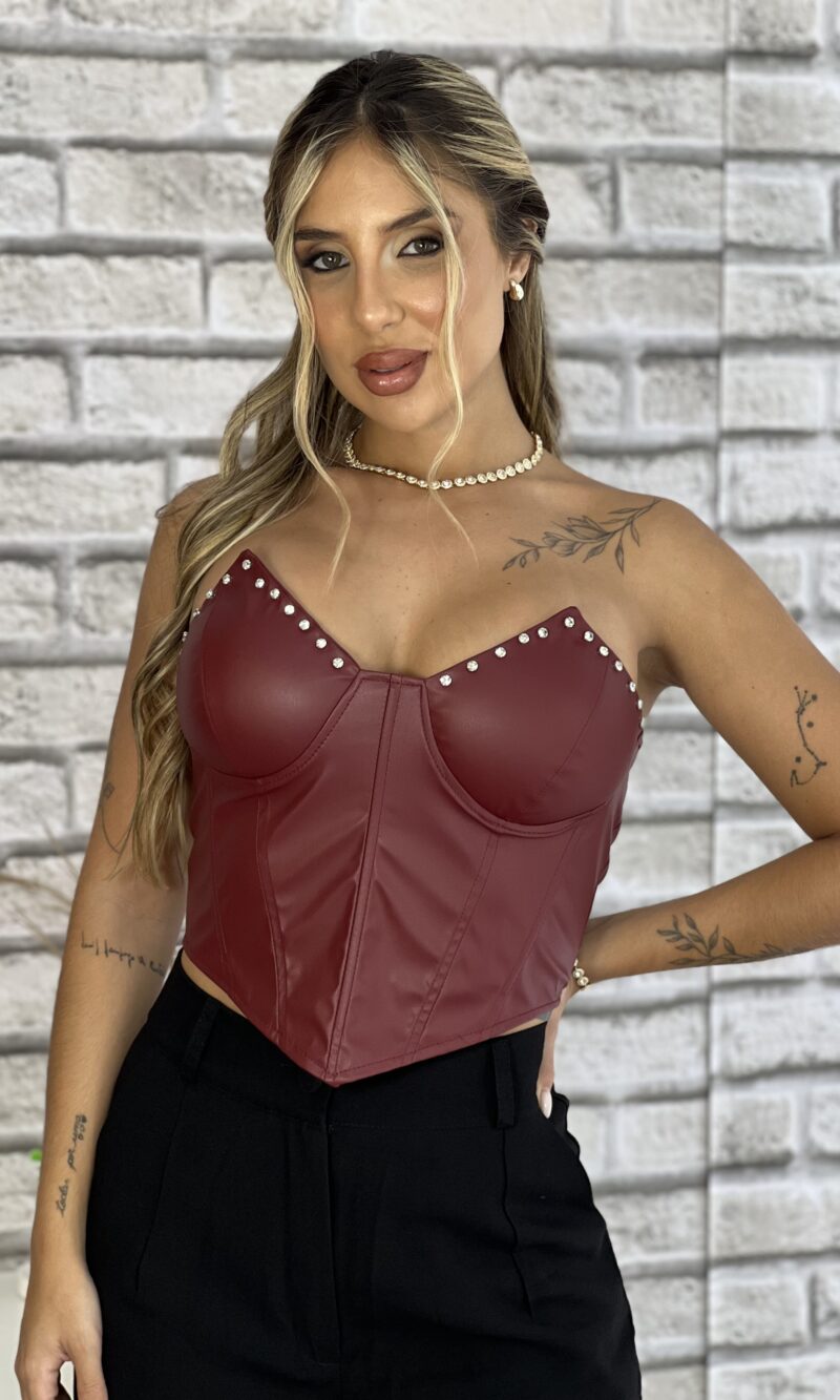 cropped corselet couro bordo