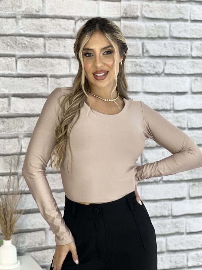 cropped manga longa basico bege