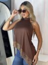 blusa assimetrica renda marrom