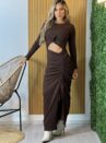 vestido midi esmeralda marrom