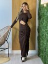 vestido midi esmeralda marrom