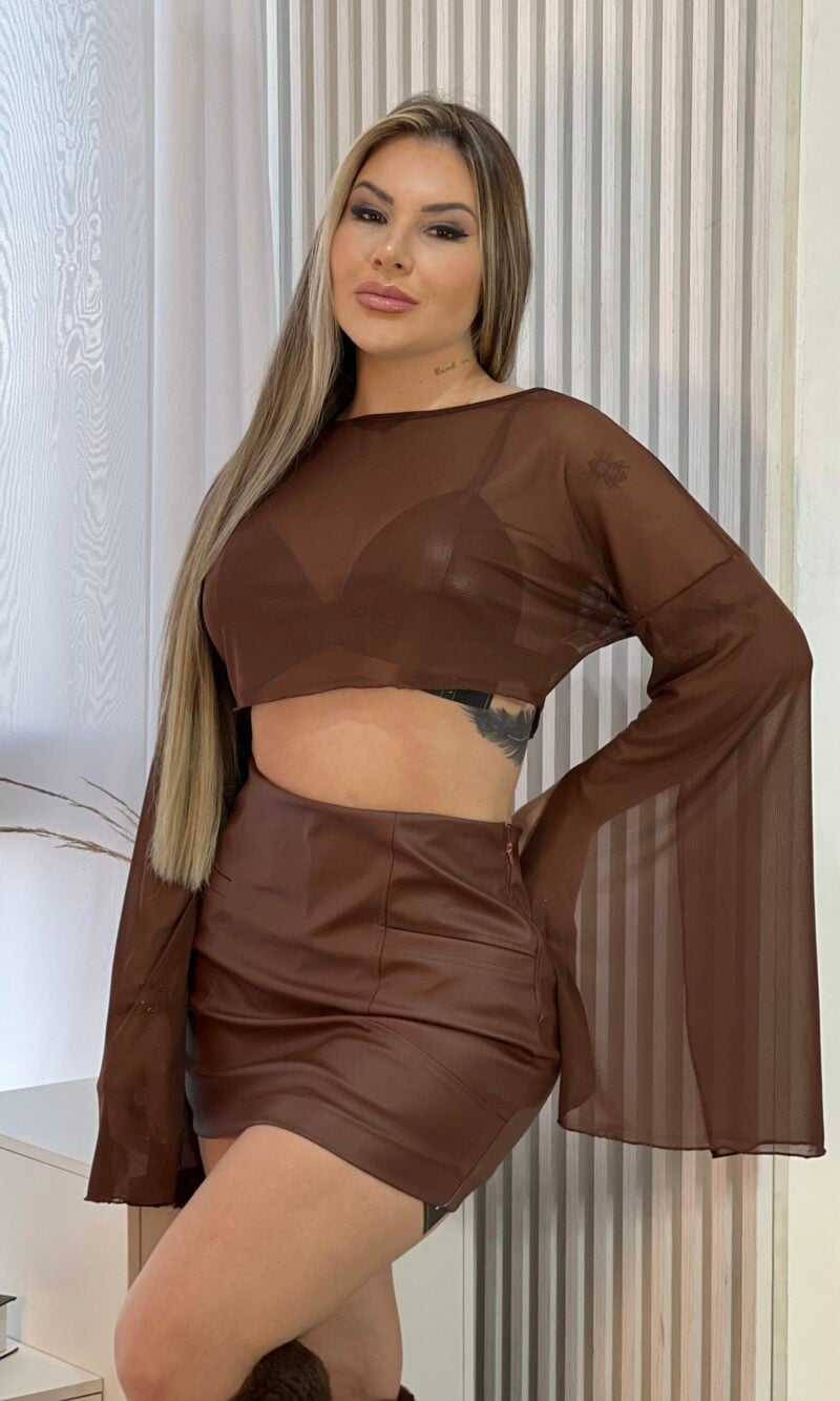 saia com short courino gabi marrom