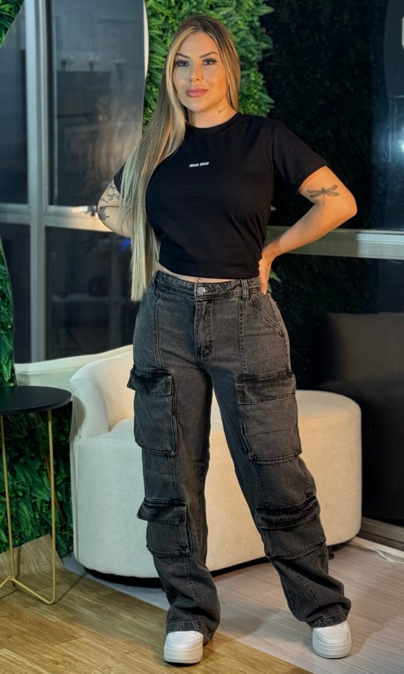 calca jeans wide leg cargo preto estonado
