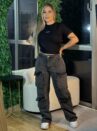calca jeans wide leg cargo preto estonado