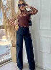 calca jeans wide leg cargo fabiana preto