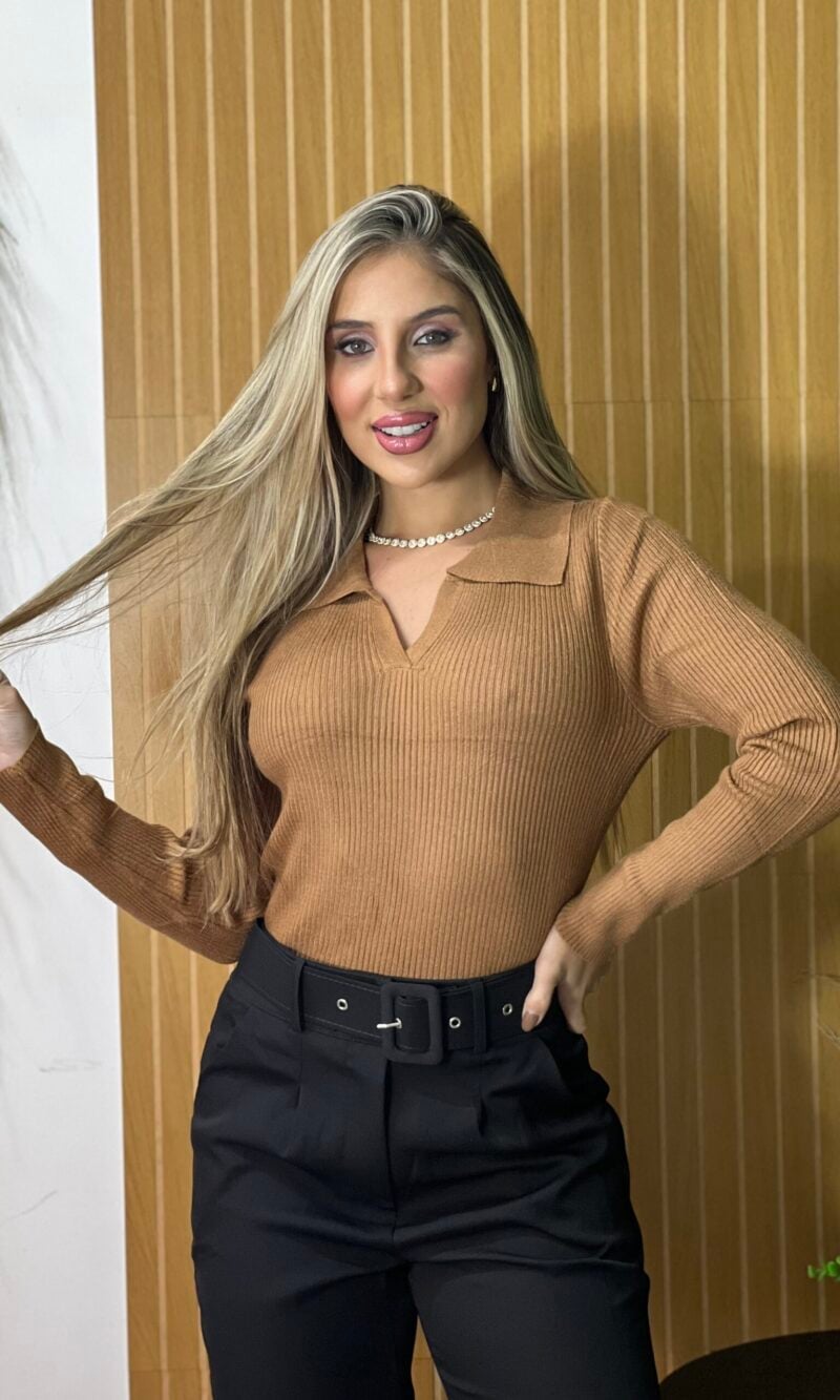 blusa modal gola polo caramelo