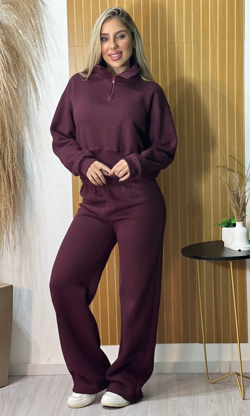 conjunto moletom ziper bordo