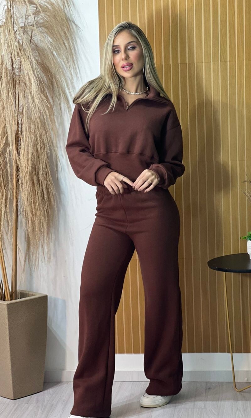 conjunto moletom ziper marrom