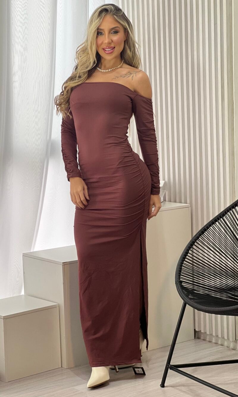 vestido longo poliamida skandal marrom