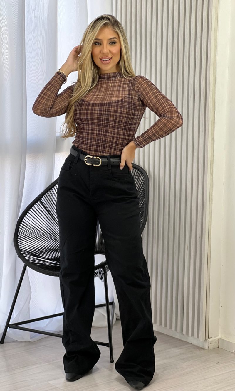 body tule xadrez marrom marrom